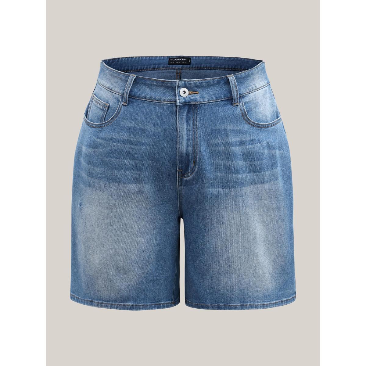Plus Size Whiskered Wash Wide-Leg Denim Shorts Women Denimlightblue No stretch Everyday-Casual Slanted pocket Denim Shorts BloomChic 24/3X Product Image
