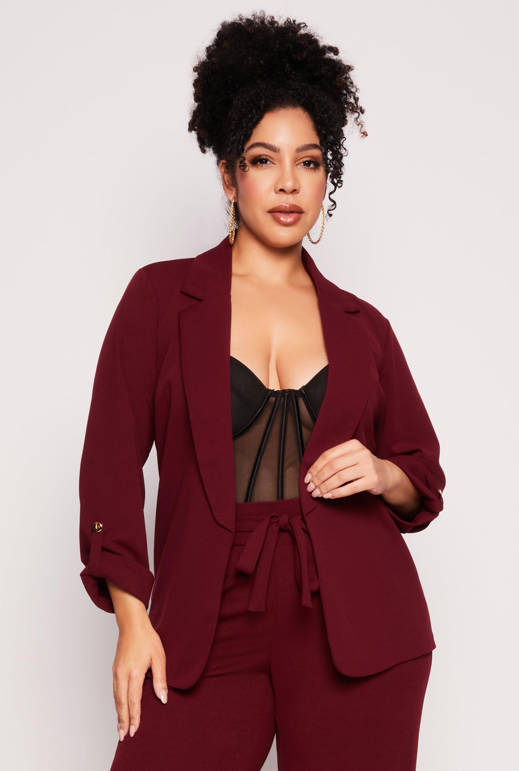 Womens Plus Size Open Front Tabbed Sleeve Blazer Product Image