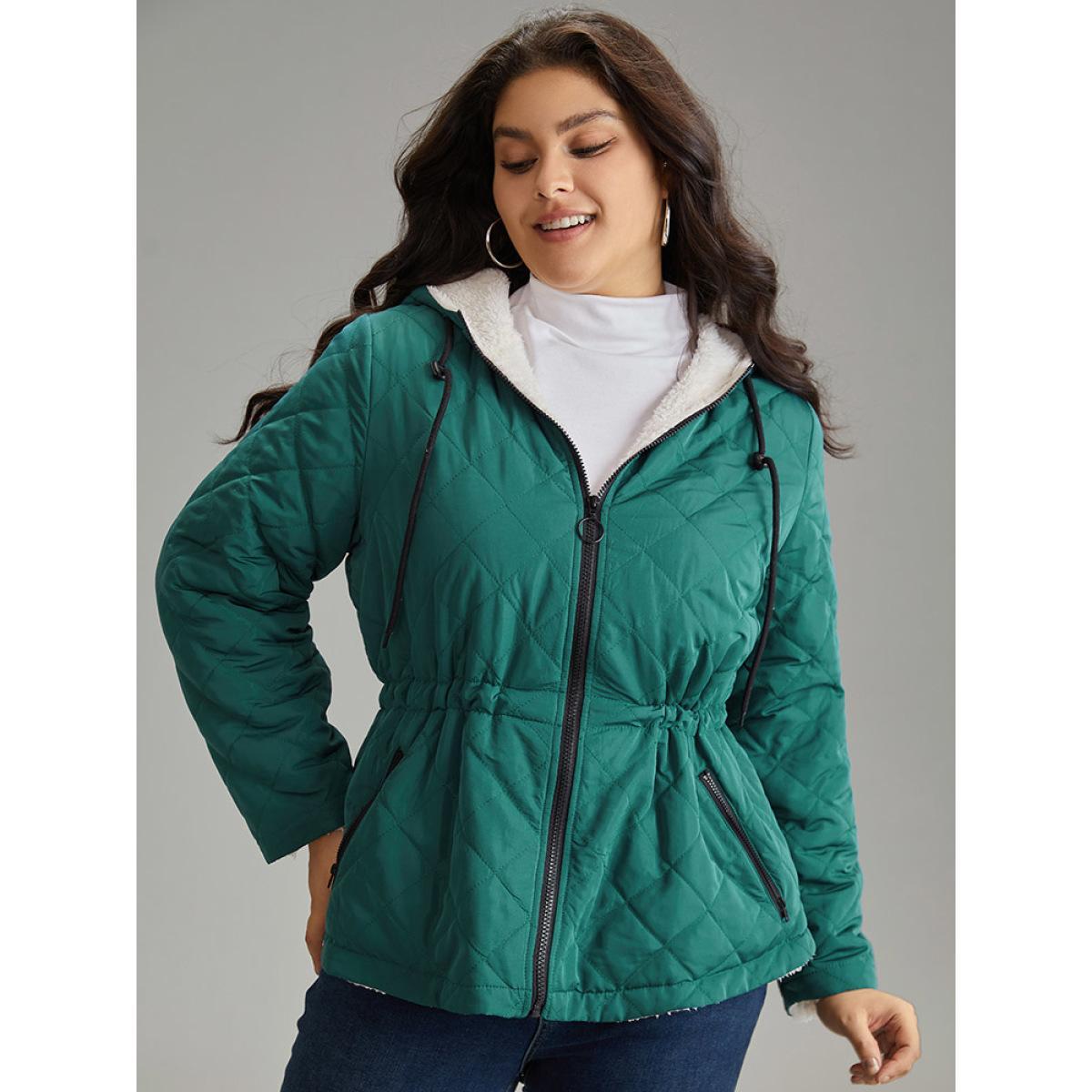 Plus Size Drawstring Quilted Zipper Fluffy Patchwork Jacket Women DarkGreen Texture Pocket Everyday Jackets BloomChic 26/4X Product Image