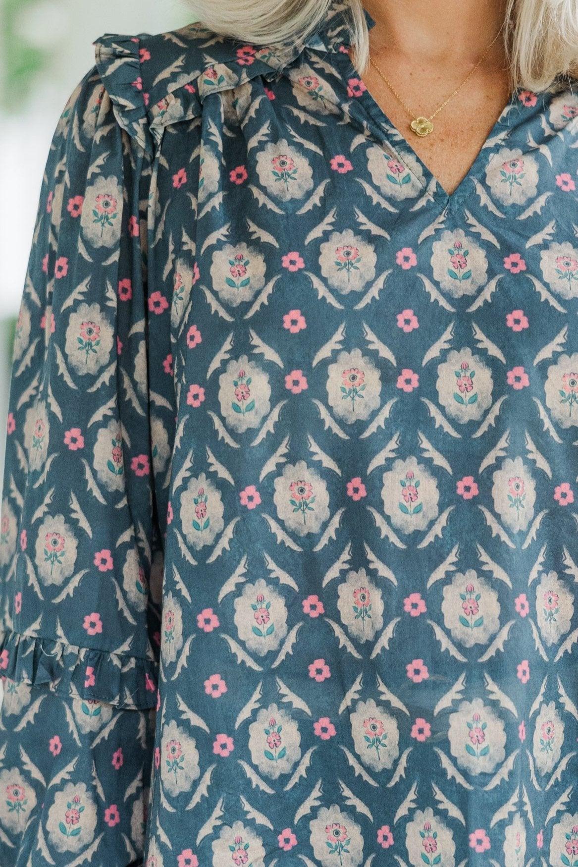 All Worth It Navy Blue Medallion Blouse Female Product Image
