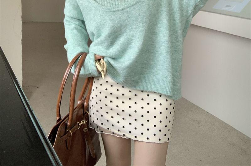 Halter V-Neck Plain Bow Accent Crop Knit Top / Scoop Neck Sweater / High Rise Dotted Mini Pencil Skirt Product Image