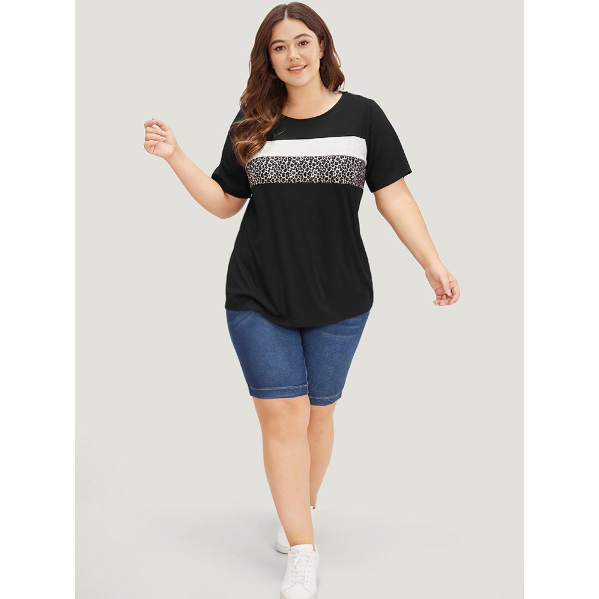 Plus Size Supersoft Essentials Leopard Colorblock Contrast Round Neck T-shirt Multicolor Women Casual Leopard Round Neck Dailywear T-shirts BloomChic 18-20/2X Product Image