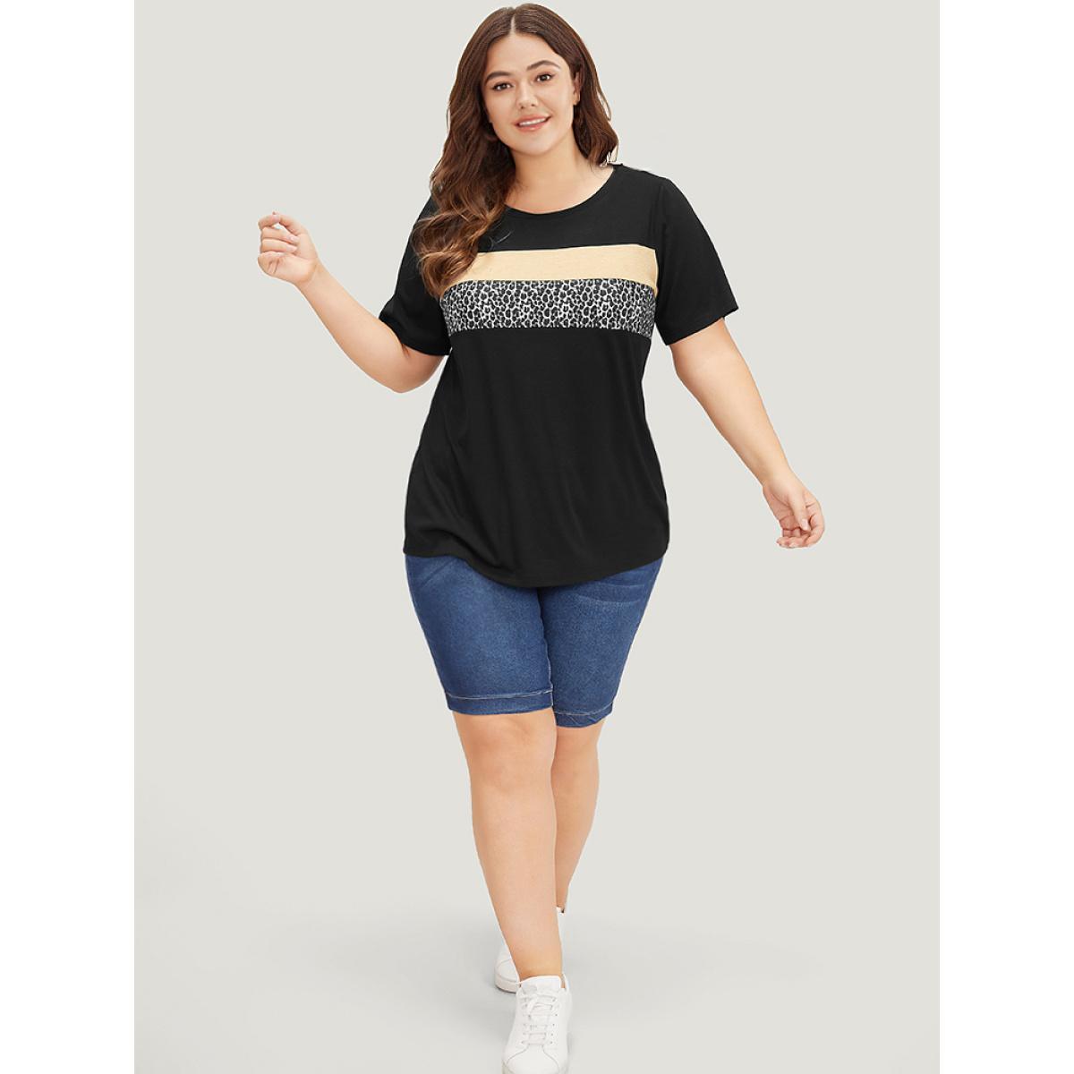 Plus Size Supersoft Essentials Leopard Colorblock Contrast Round Neck T-shirt Black Women Casual Leopard Round Neck Dailywear T-shirts BloomChic 28/5X Product Image