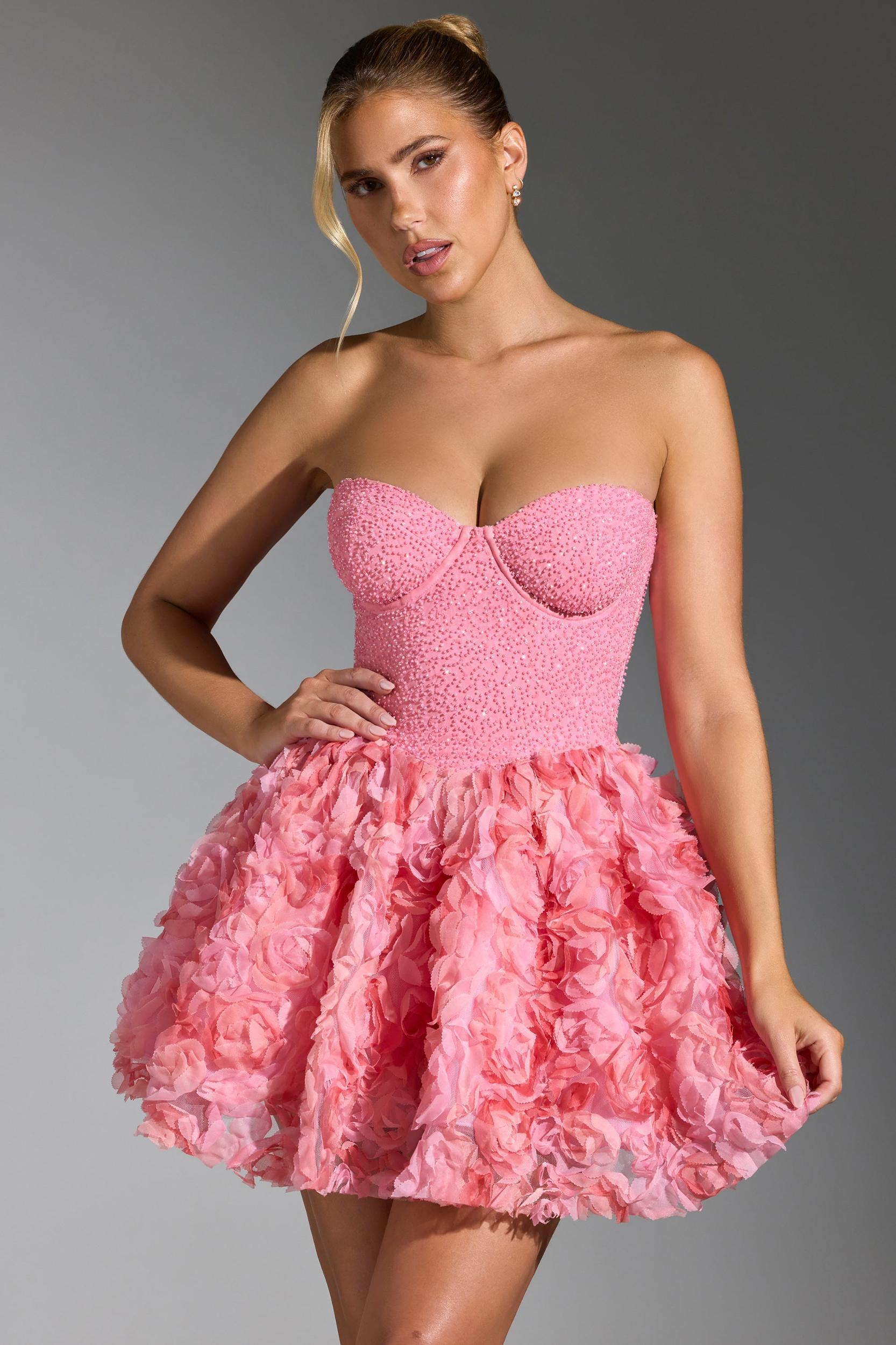 Embellished Floral-Appliqué Lace-Up Mini Dress in Pink Product Image