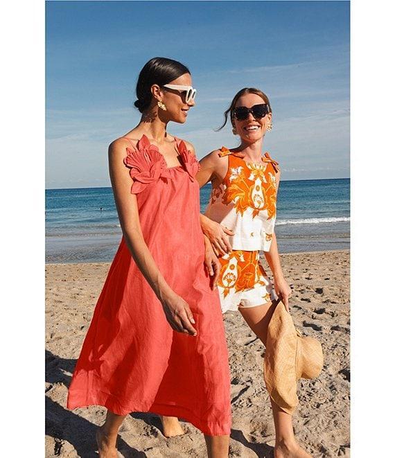 Mestiza New York Solenn Linen Blend Organza Square Neck Sleeveless Floral Applique Midi Dress Product Image