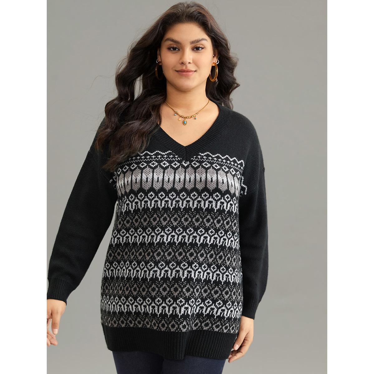Plus Size Loose V Neck Geometric Print Jacquard Pullover Black Women Casual Loose Long Sleeve V-neck Dailywear Pullovers BloomChic 30/6X Product Image