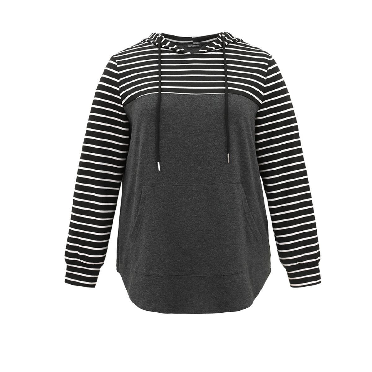 Plus Size Striped Patchwork Hooded Pocket Drawstring Sweatshirt Women DimGray Casual Contrast Hooded Everyday Sweatshirts BloomChic 10/M Product Image