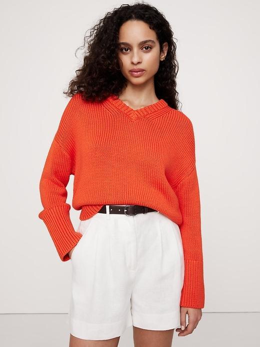 Oversized Cotton V-Neck Sweater Product Image