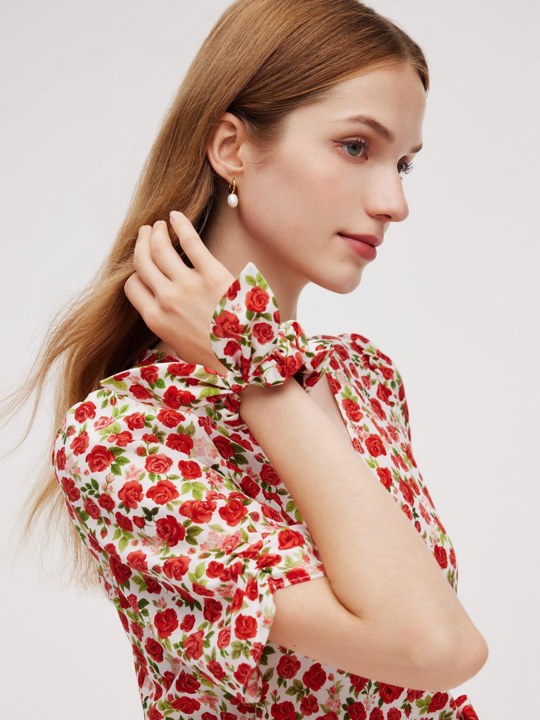 Tencel And Linen Blend Women Rose Print Midi Dress Product Image