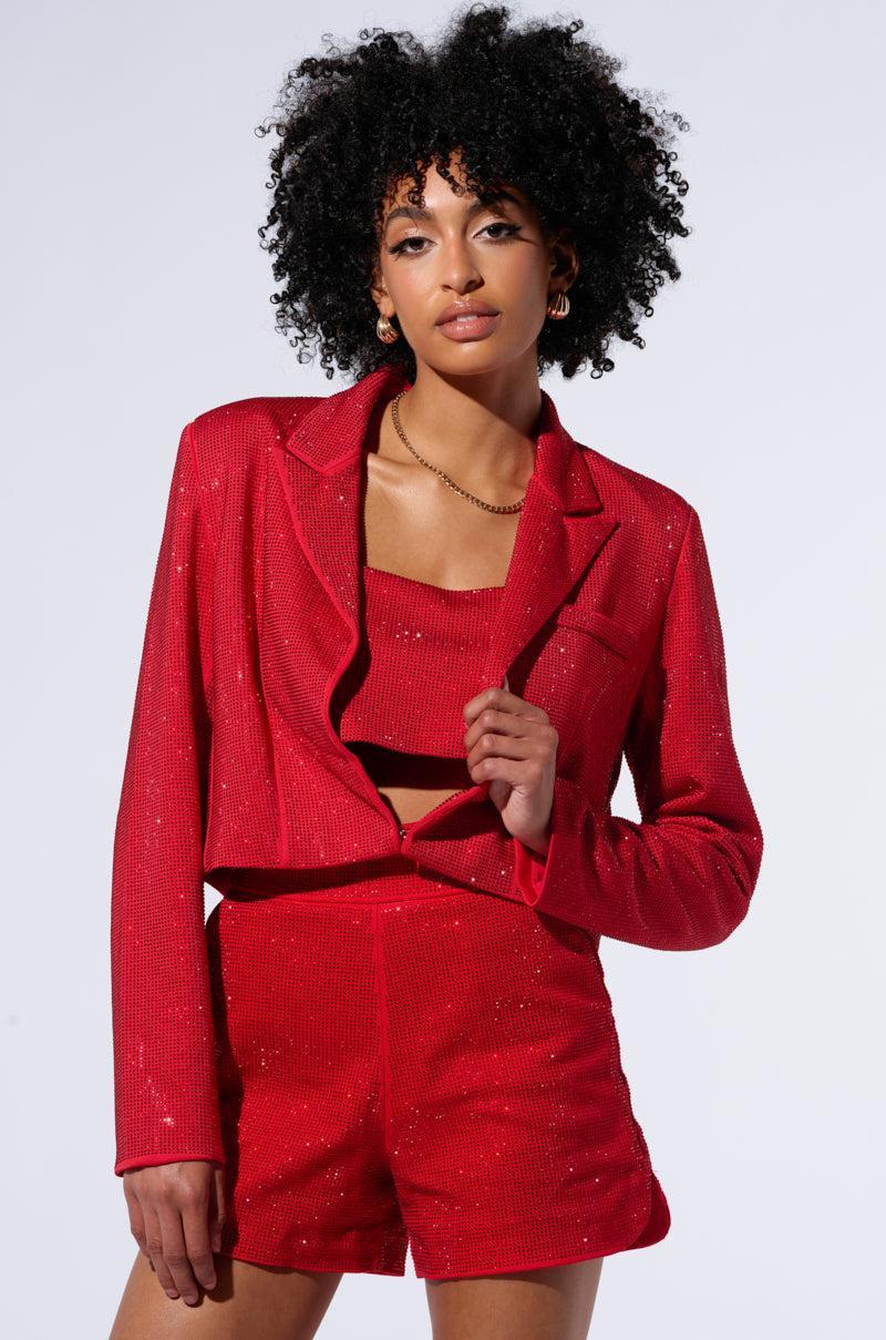 POP STAR HOT FIX RHINESTONE CROPPED BLAZER IN RED Product Image