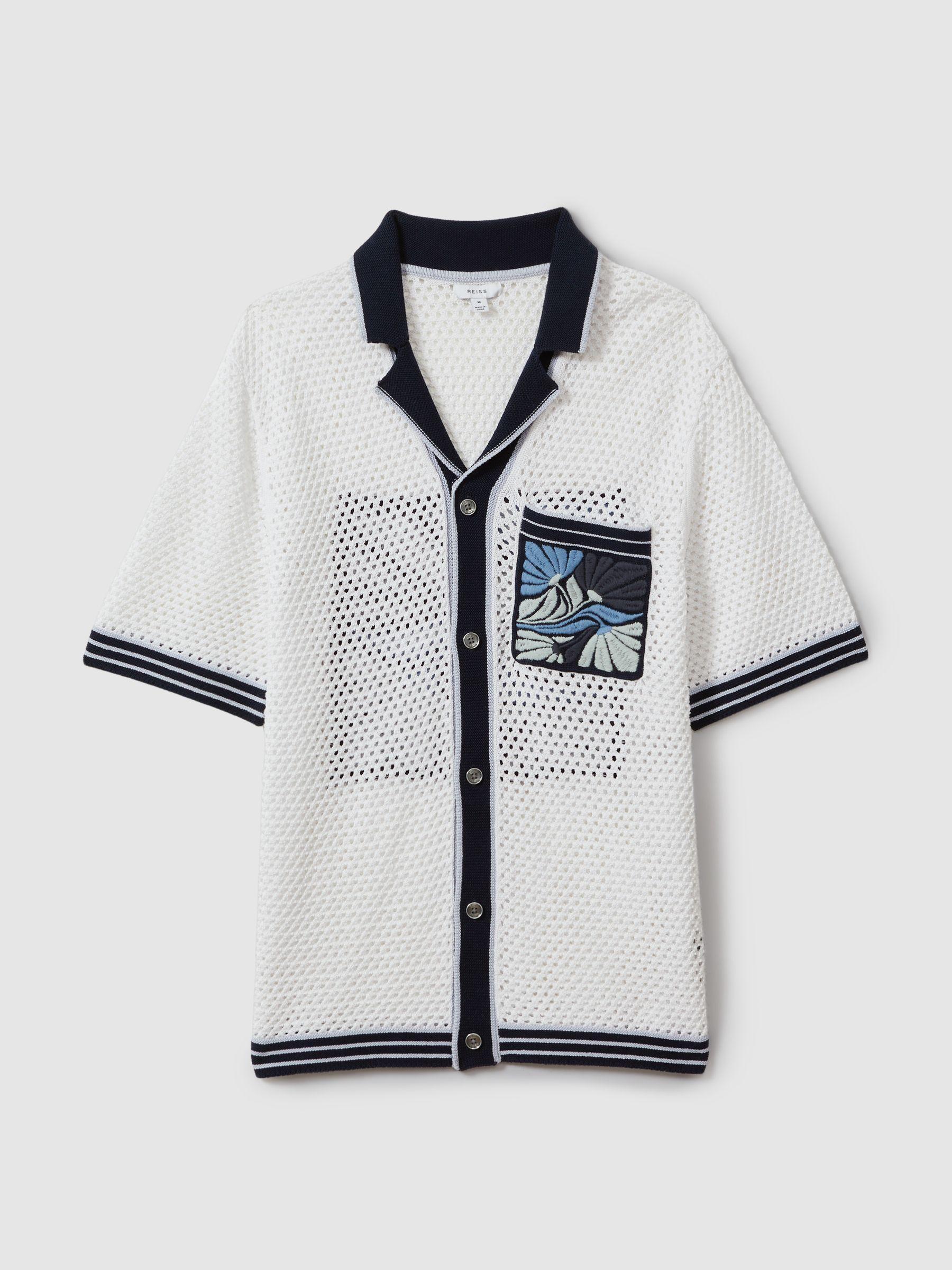 Open-Stitch Embroidered Cuban Collar Shirt in White/Blue Product Image