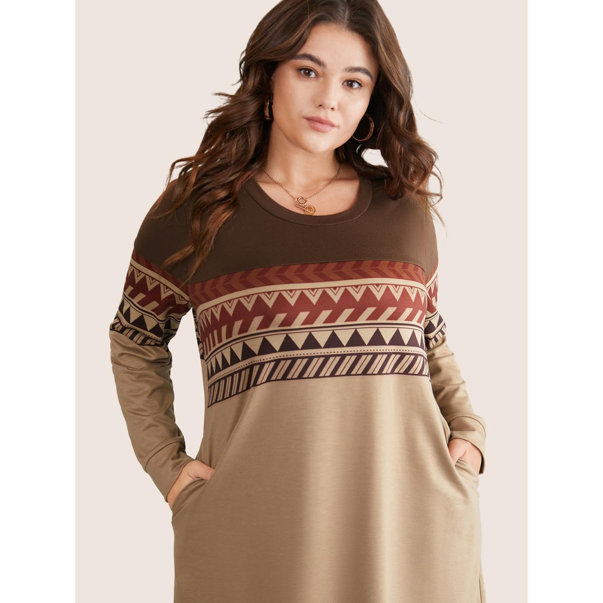 Plus Size Geometric Colorblock Pocket Midi Dress DarkBrown Women Casual Printed Round Neck Long Sleeve Curvy Midi Dress BloomChic 30/6X Product Image