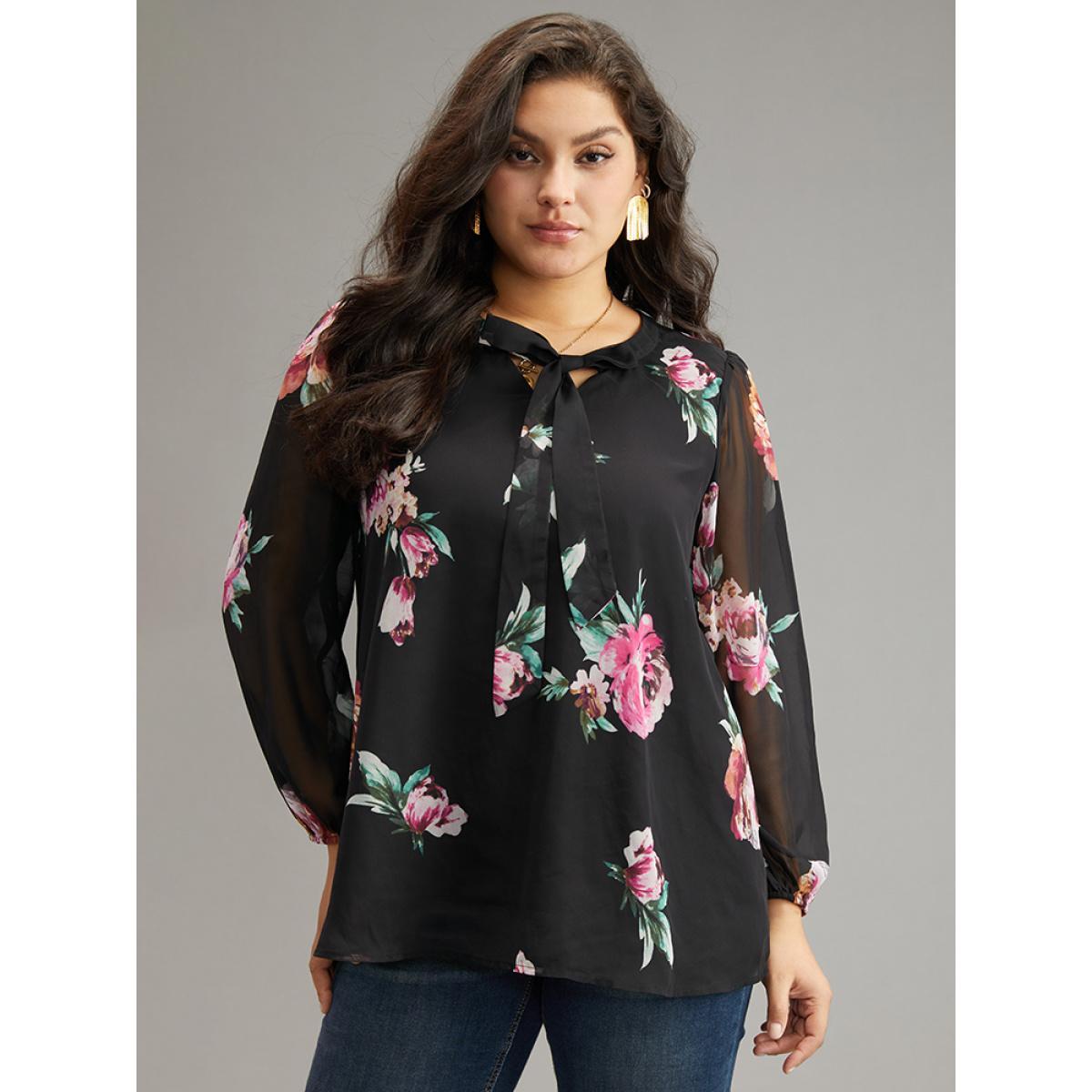 Plus Size Black Floral Knot Neck Mesh Patchwork Blouse Women Glamour Long Sleeve Tie Neck Going out Blouses BloomChic 28/5X Product Image