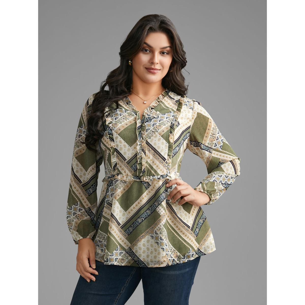 Plus Size Beige Bandana Print V Neck Ruffle Trim Blouse Women Elegant Long Sleeve V-neck Everyday Blouses BloomChic 10/M Product Image