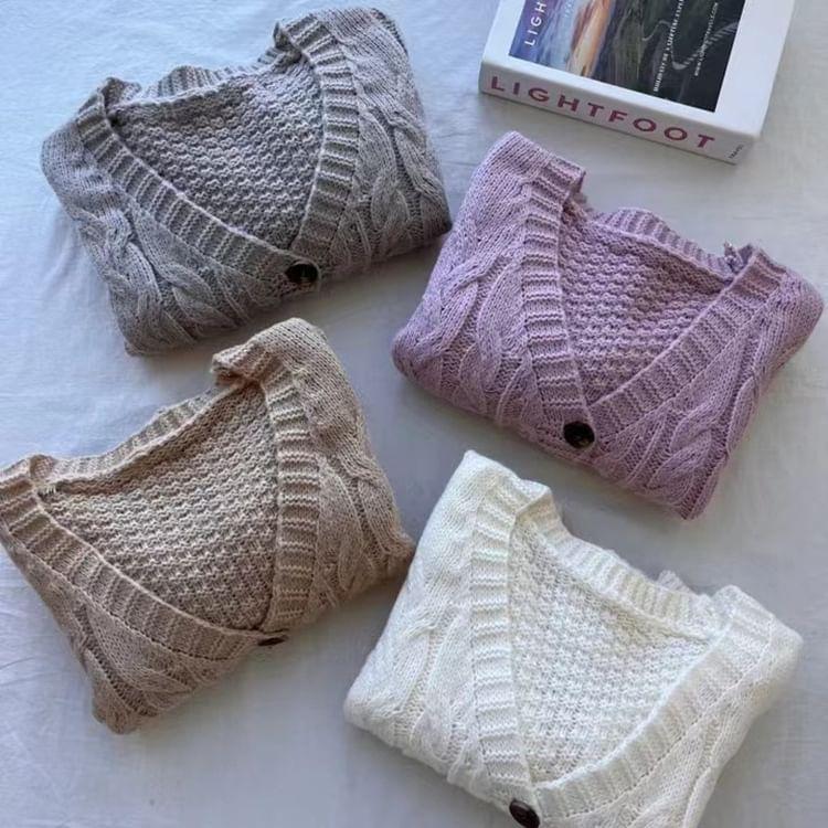 V-Neck Plain Cable Knit Cropped Cardigan Product Image