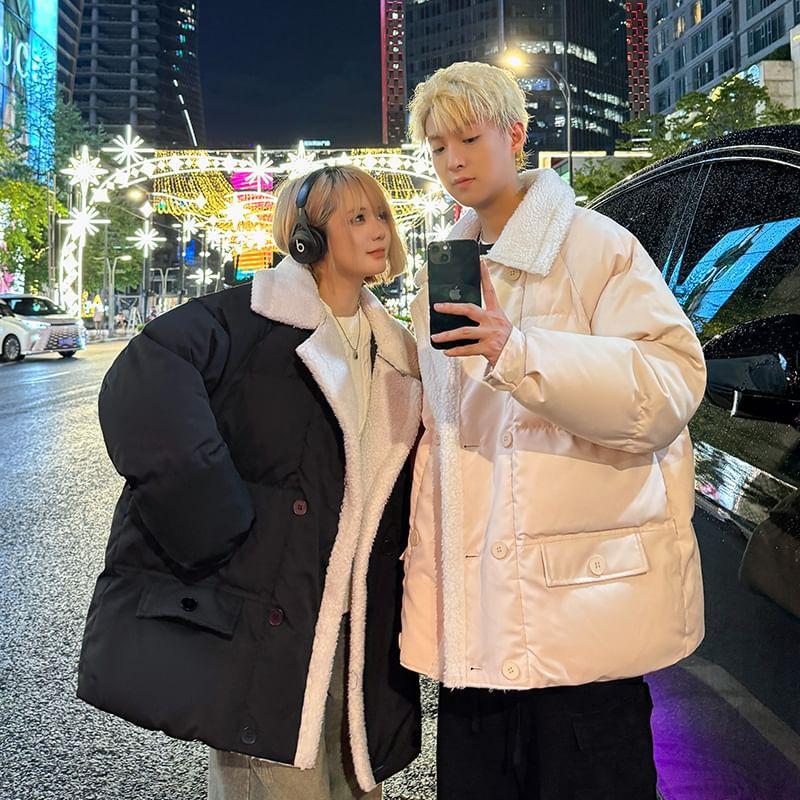 Couple Matching Collared Fleece-Lined Button Puffer Jacket Product Image