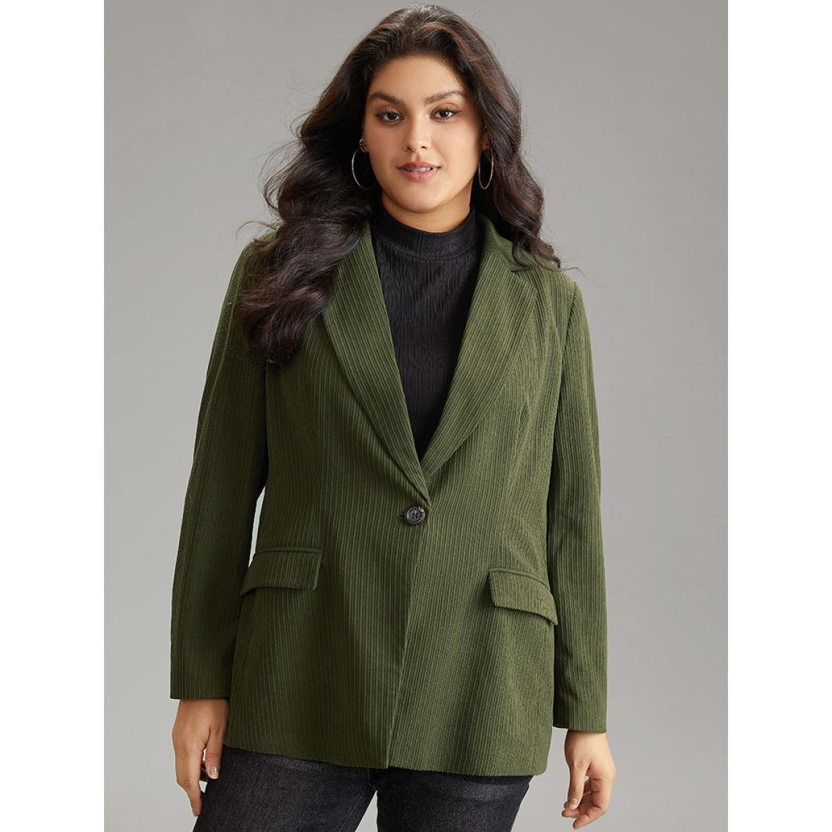 Plus Size Corduroy Suit Collar Button Up Flap Pocket Blazer ArmyGreen Women Work Plain Texture Sleeve Long Sleeve Suit Collar 26/4X Pocket Work From Home Blazers BloomChic Product Image