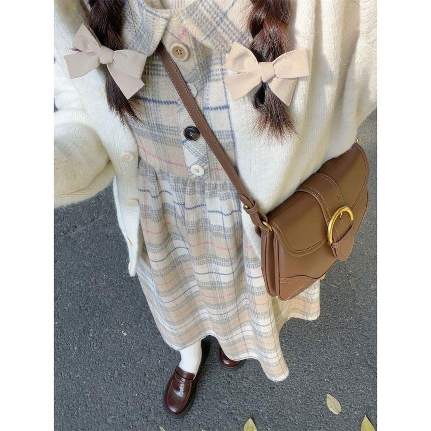 Crew Neck Plain Button-Up Cardigan / Peter Pan Collar Plaid Midi A-Line Overall Dress Product Image