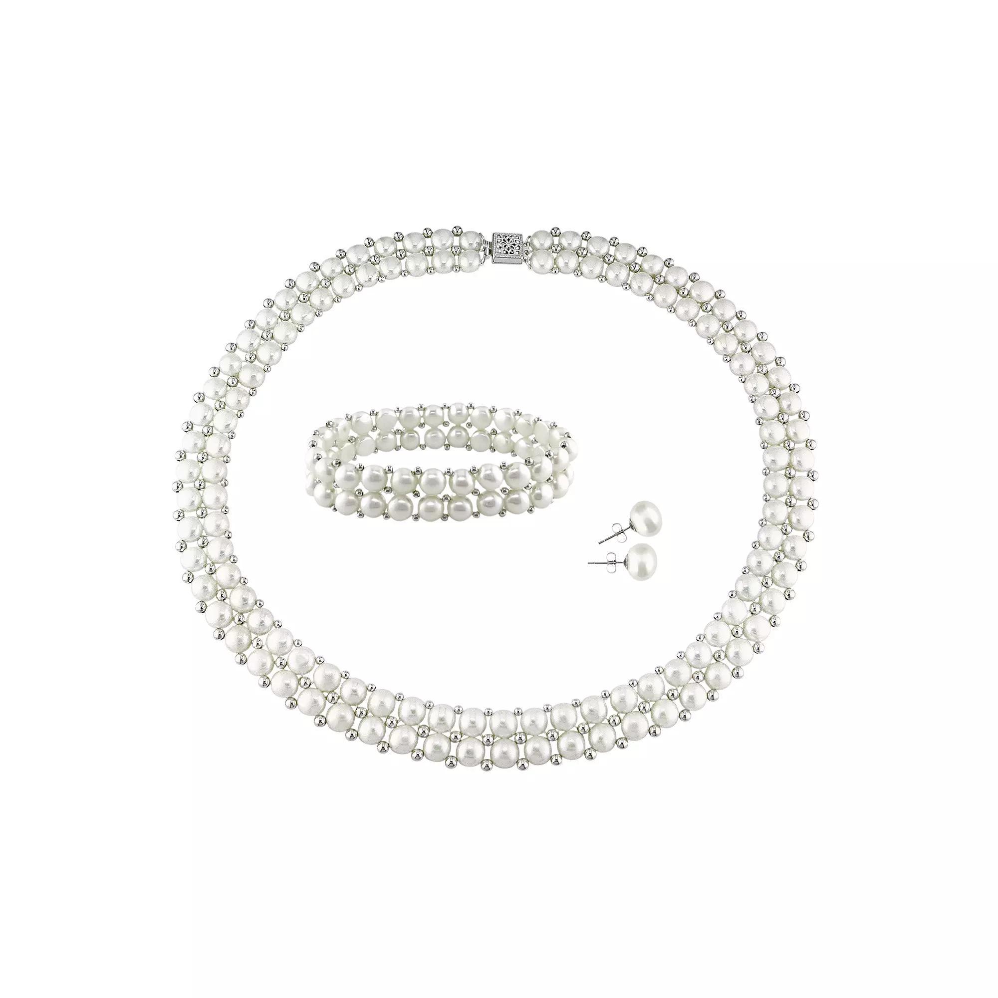 Stella Grace Sterling Silver Freshwater Cultured Pearl Necklace, Stretch Bracelet and Stud Earring Set, Womens, White Product Image
