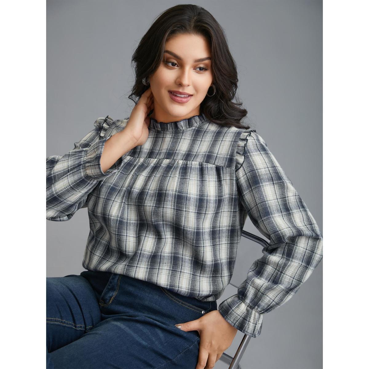 Plus Size Indigo Plaid Ruffle Trim Gathered Blouse Women Elegant Extra Long Sleeve Round Neck Everyday Blouses BloomChic 30/6X Product Image