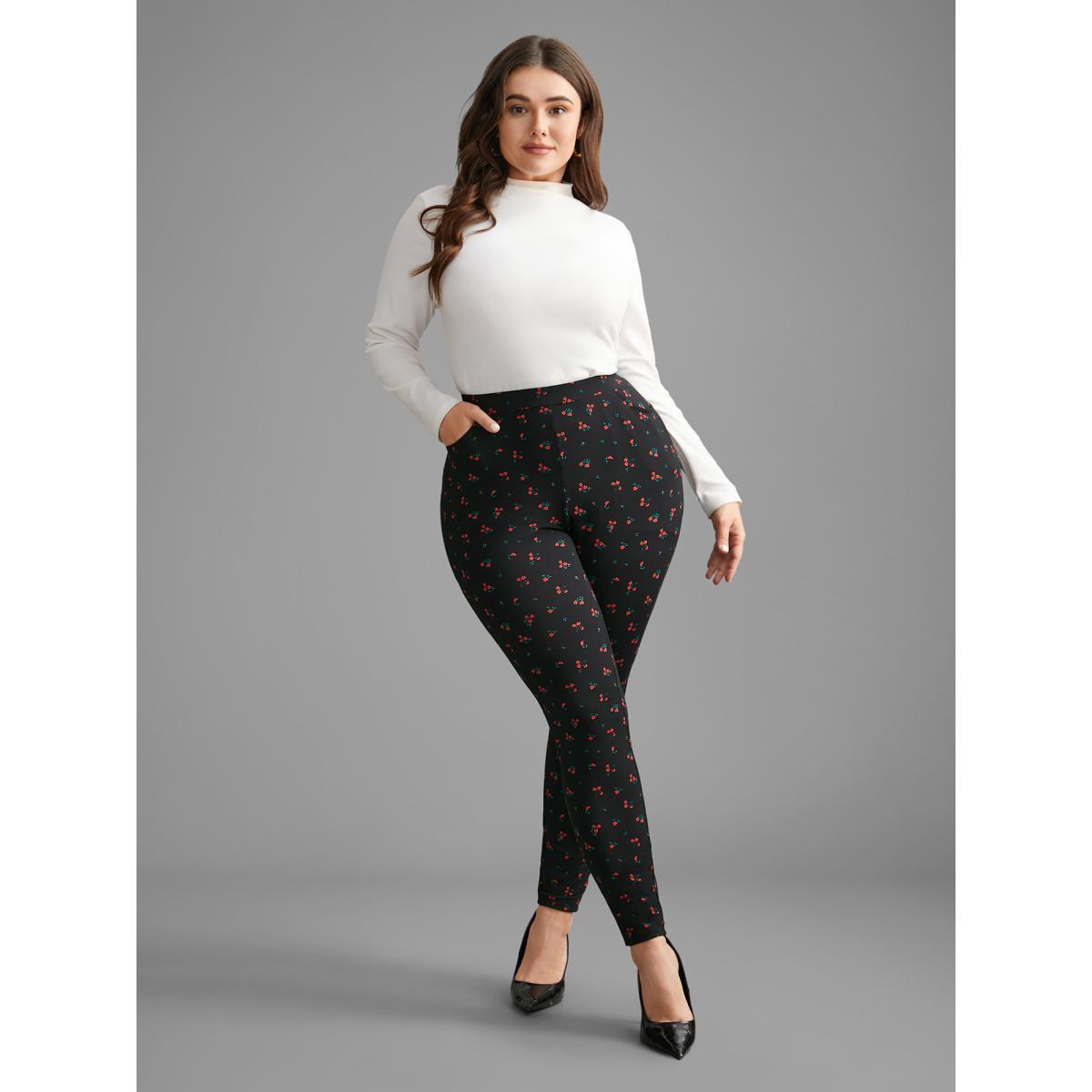 Plus Size Ditsy Floral Pocket Skinny Leggings Women BlackFlower Elegant High stretch Skinny Mid Rise Everyday Leggings BloomChic 14-16/1X Product Image