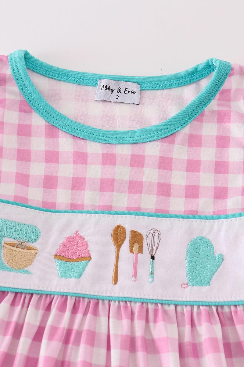 Pink let's baking embroidery gingham dress Product Image