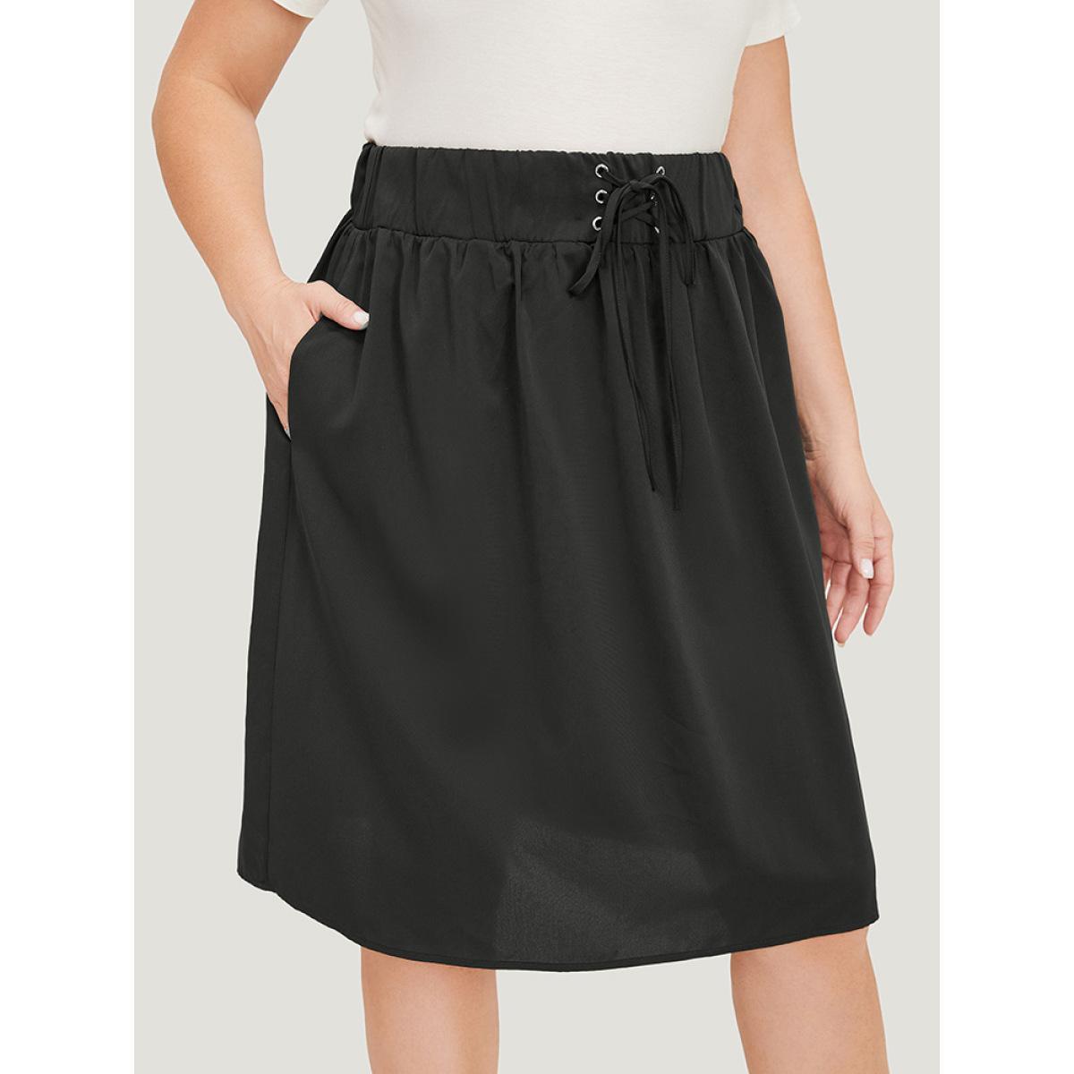 Plus Size Plain Pocket Lace Up Skirt Women Black Casual Plain No stretch Dailywear Skirts BloomChic 14-16/1X Product Image