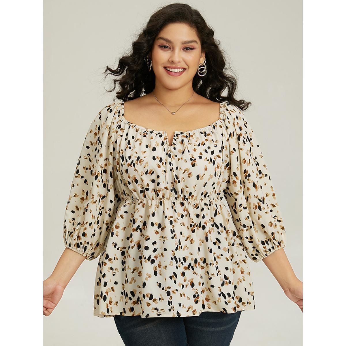Plus Size Ivory Allover Print Lantern Sleeve Blouse Women Elegant Elbow-length sleeve V-neck Dailywear Blouses BloomChic 18-20/2X Product Image