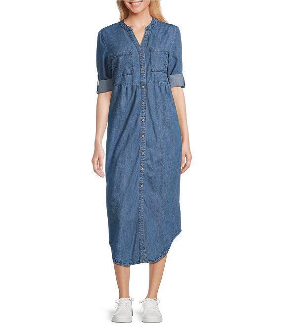 Westbound 3/4 Rolled Sleeve Y-Neck Button Front Midi Shirt Dress Product Image