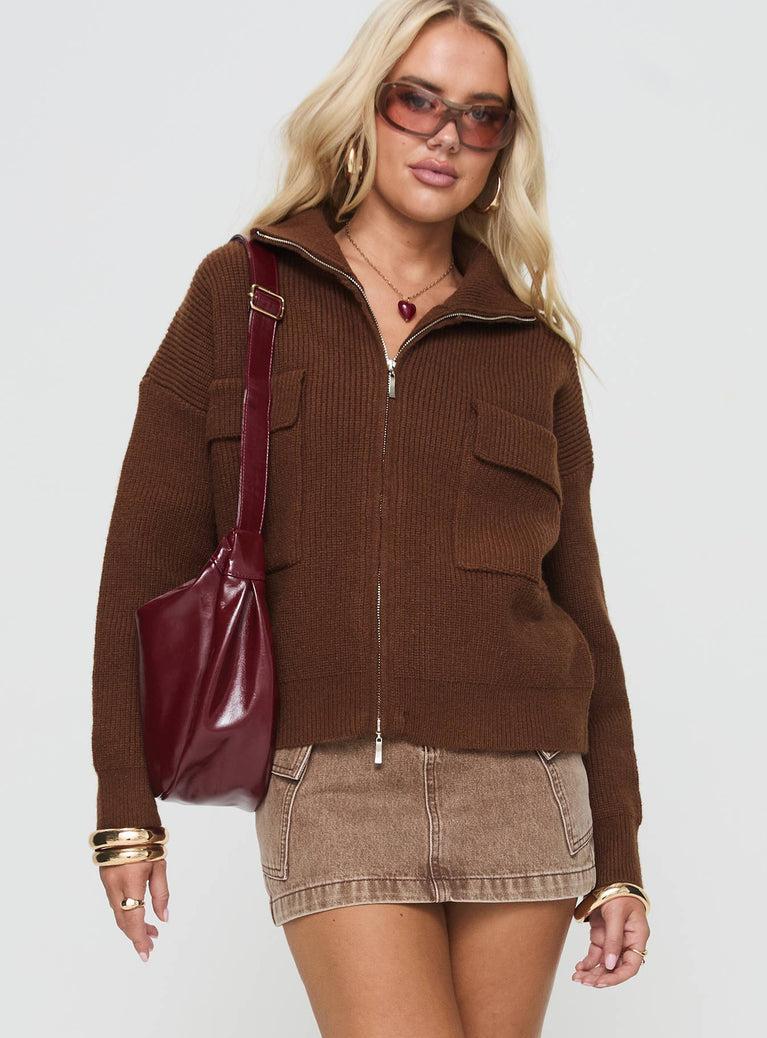 Too Busy Zip Up Sweater Chocolate Product Image