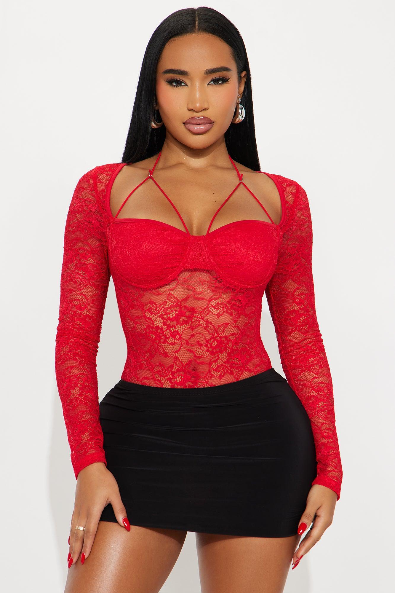 Hannah Sheer Lace  Long Sleeve Bodysuit - Red Female Product Image