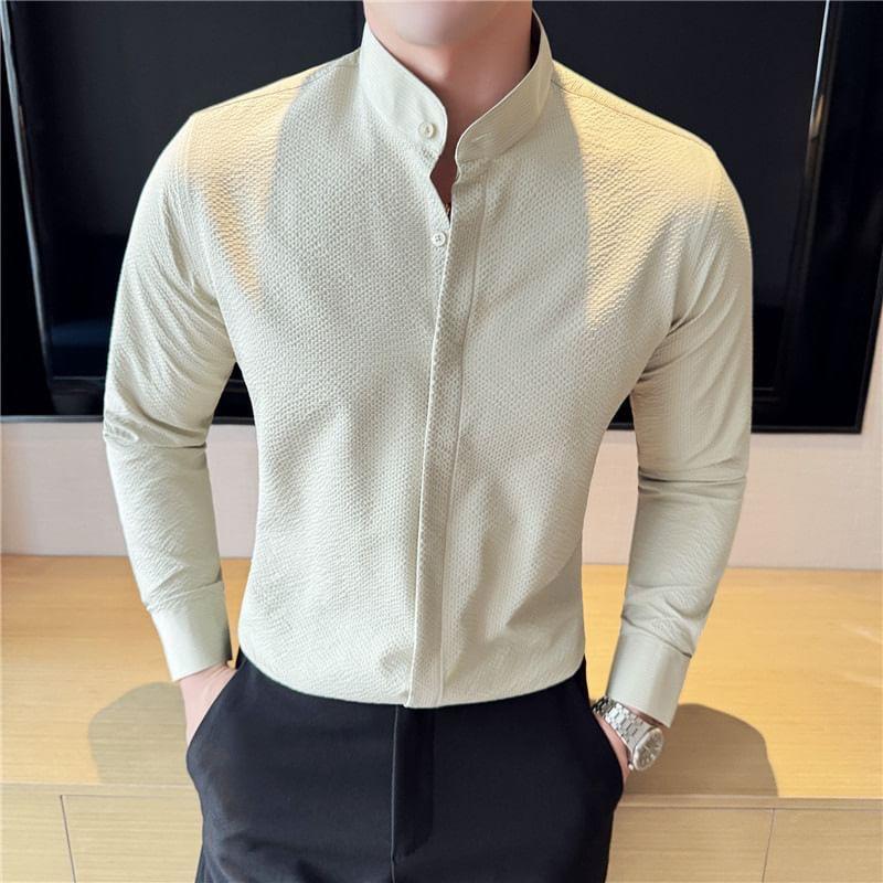 Long Sleeve Band Collar Plain Shirt Product Image