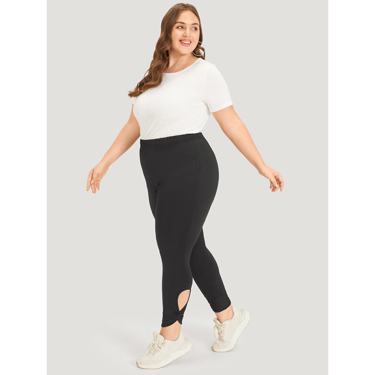 Plus Size Solid Twist Front Elastic Waist Leggings Women Black Casual High stretch Skinny High Rise Dailywear Leggings BloomChic 14-16/1X Product Image