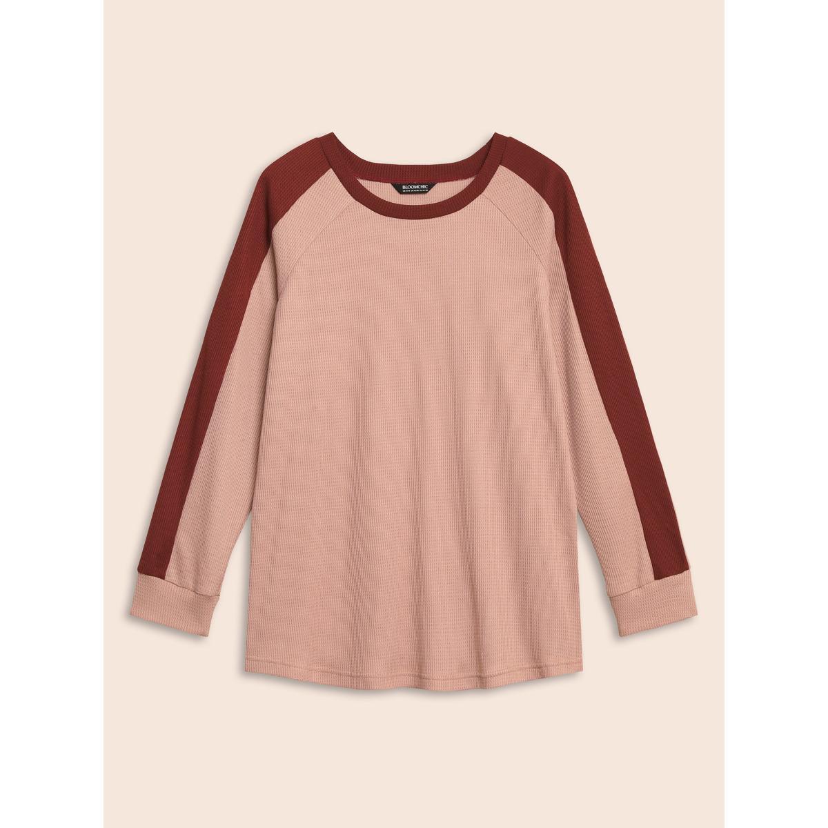 Plus Size Waffle Knit Contrast Patchwork T-shirt Dirtypink Women Elegant Texture Round Neck Everyday T-shirts BloomChic 12/L Product Image