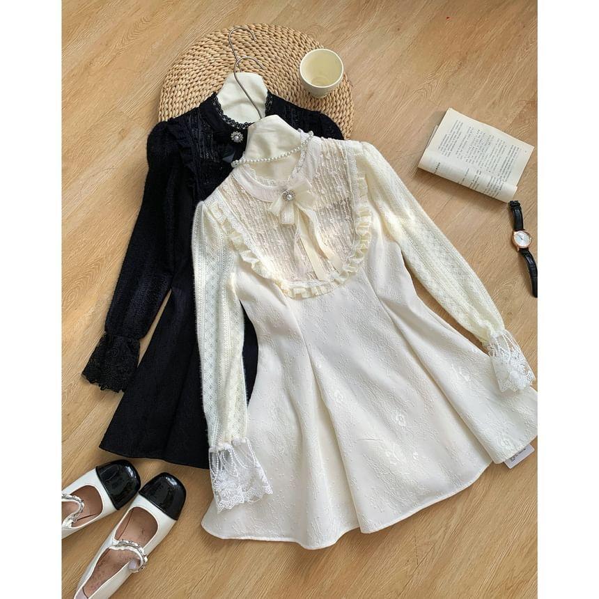 Long Sleeve Crew Neck Plain Bow Ruffle Panel Lace Mini A-Line Dress Product Image