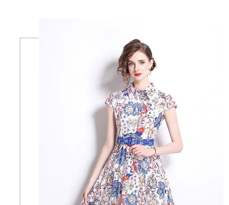 Cap Sleeve Collared Floral Print Belted Midi A-Line Dress Product Image