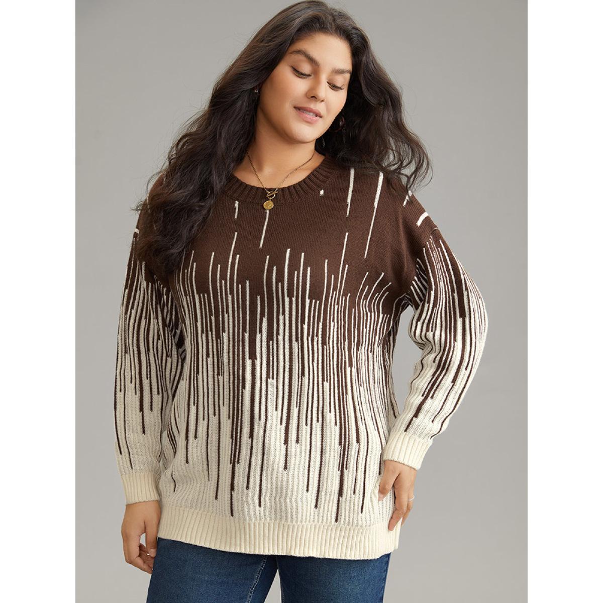 Plus Size Striped Ombre Textured Elastic Cuffs Pullover DarkBrown Women Casual Loose Long Sleeve Round Neck Everyday Pullovers BloomChic 14-16/1X Product Image