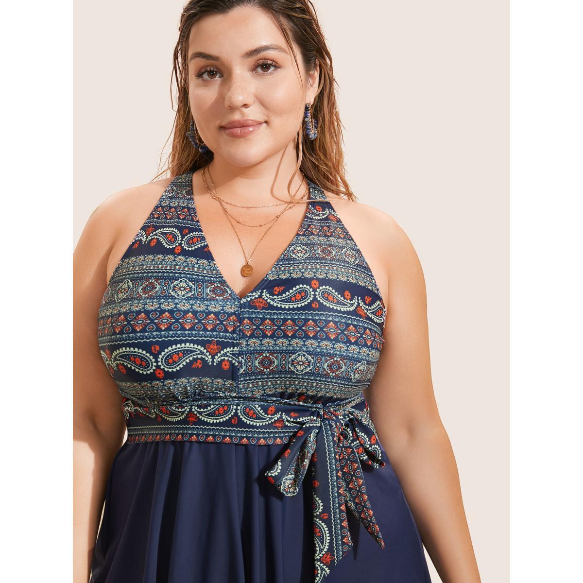Plus Size Bandana Print Ties Knotted Patchwork Swim Dress Women's Swimwear Indigo Beach Bodycon Deep V-neck High stretch Curve Swim Dresses BloomChic 28/5X Product Image