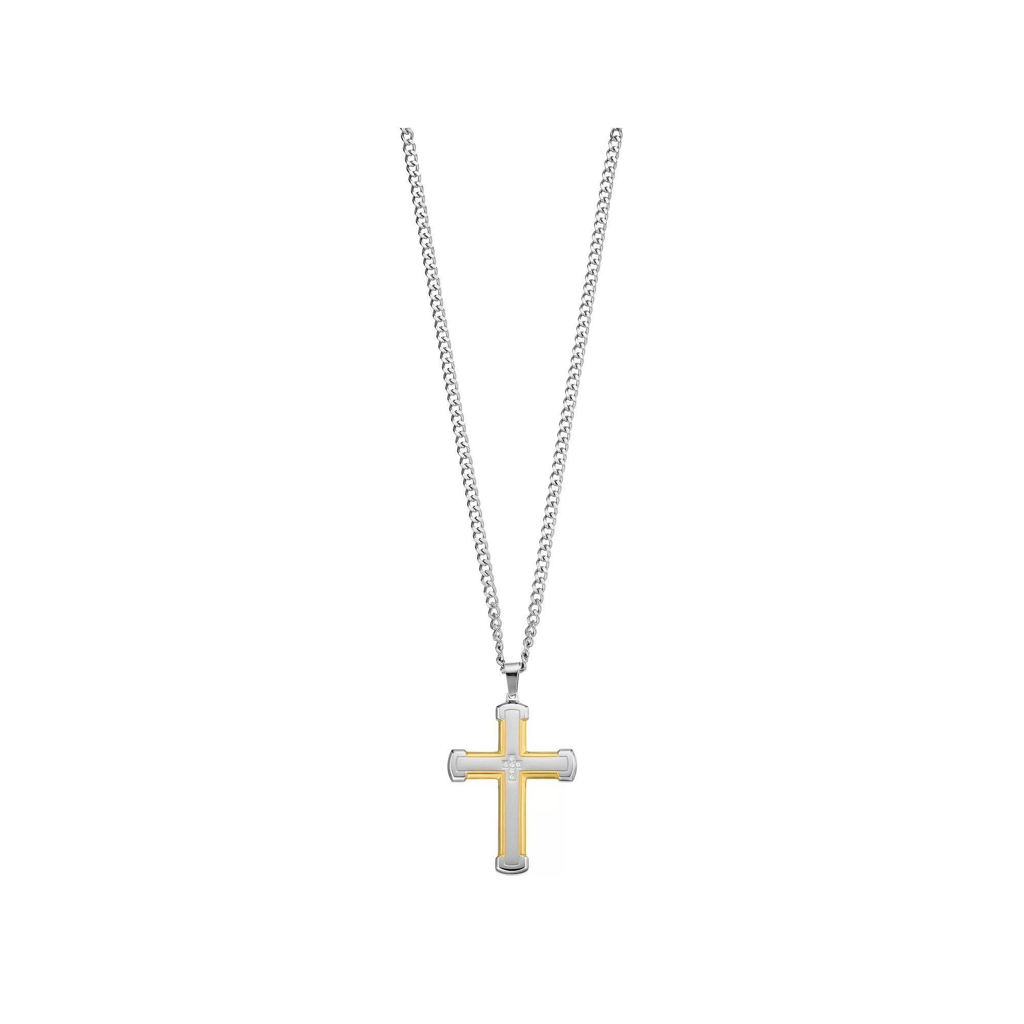 Diamond Brilliance Men's Gold Tone Stainless Steel 1/10 Carat T.W. Lab-Created Diamond Cross Pendant Necklace, Size: 24", White Product Image