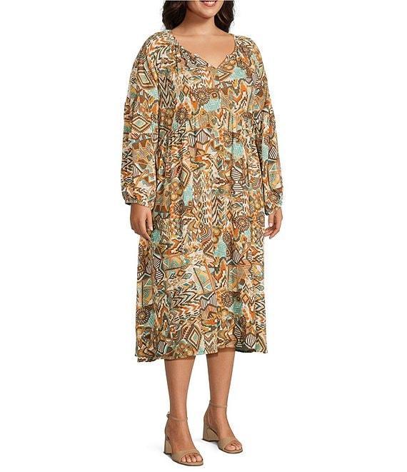 Nurture Plus Printed V-Neck 3/4 Sleeve Midi Dress Product Image