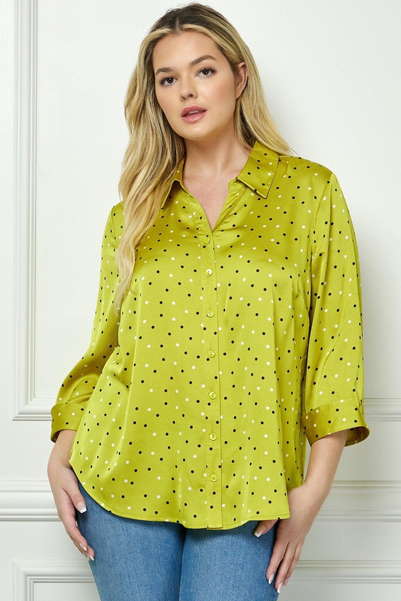 Chartreuse 3/4 Notch Sleeve Johnny Collar Button Front Top - Plus Product Image