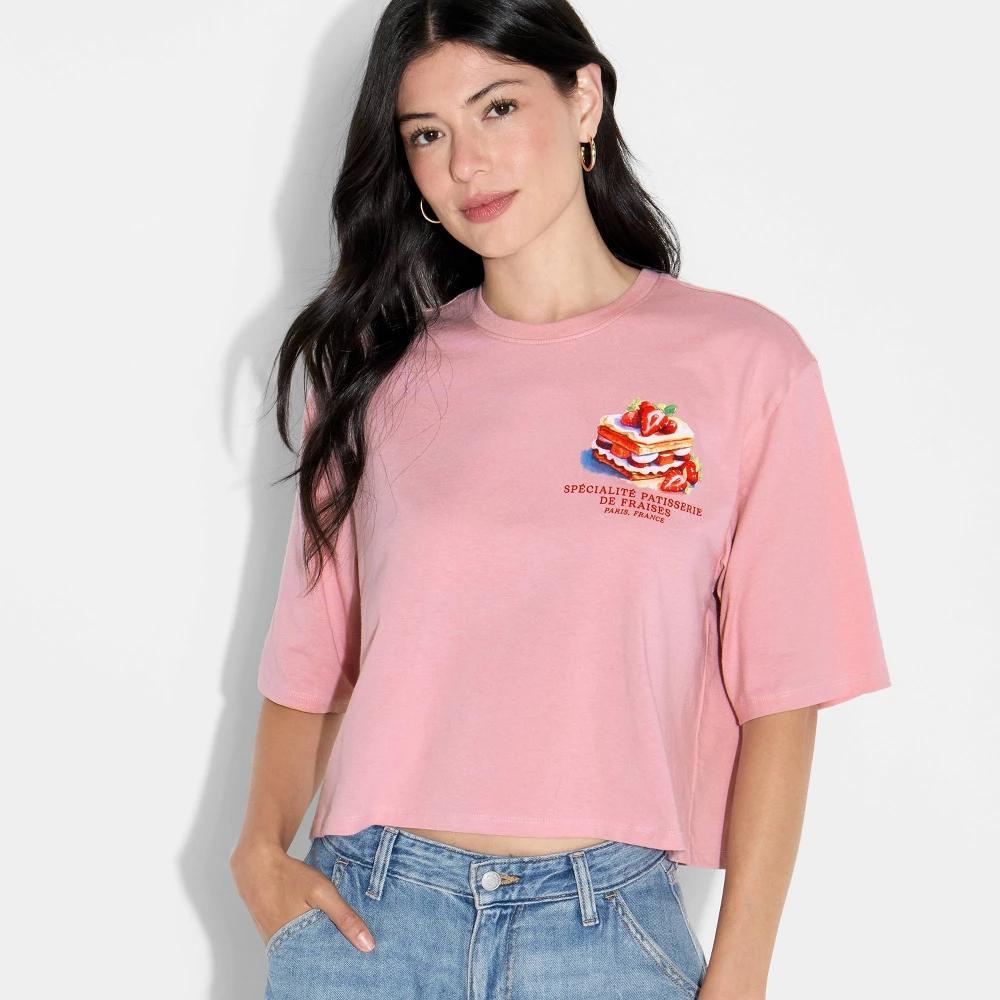 Women's Strawberry Dessert Boxy Cropped Short Sleeve Graphic T-Shirt - Rose Pink Product Image