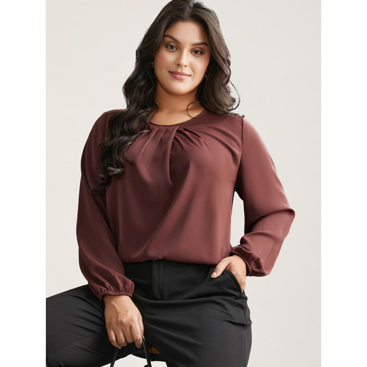 Plus Size Browncoffeecolor Solid Crew Neck Lantern Sleeve Blouse Women At the Office Long Sleeve Round Neck Work Blouses BloomChic 30/6X Product Image