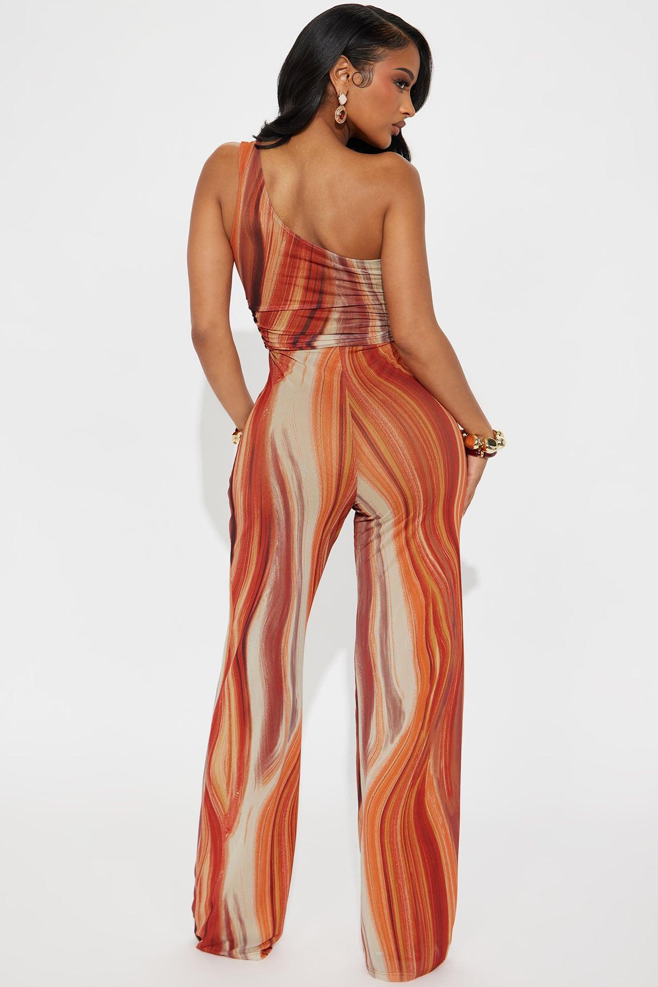Lost Island One Shoulder Mesh Jumpsuit - Orange/combo Product Image