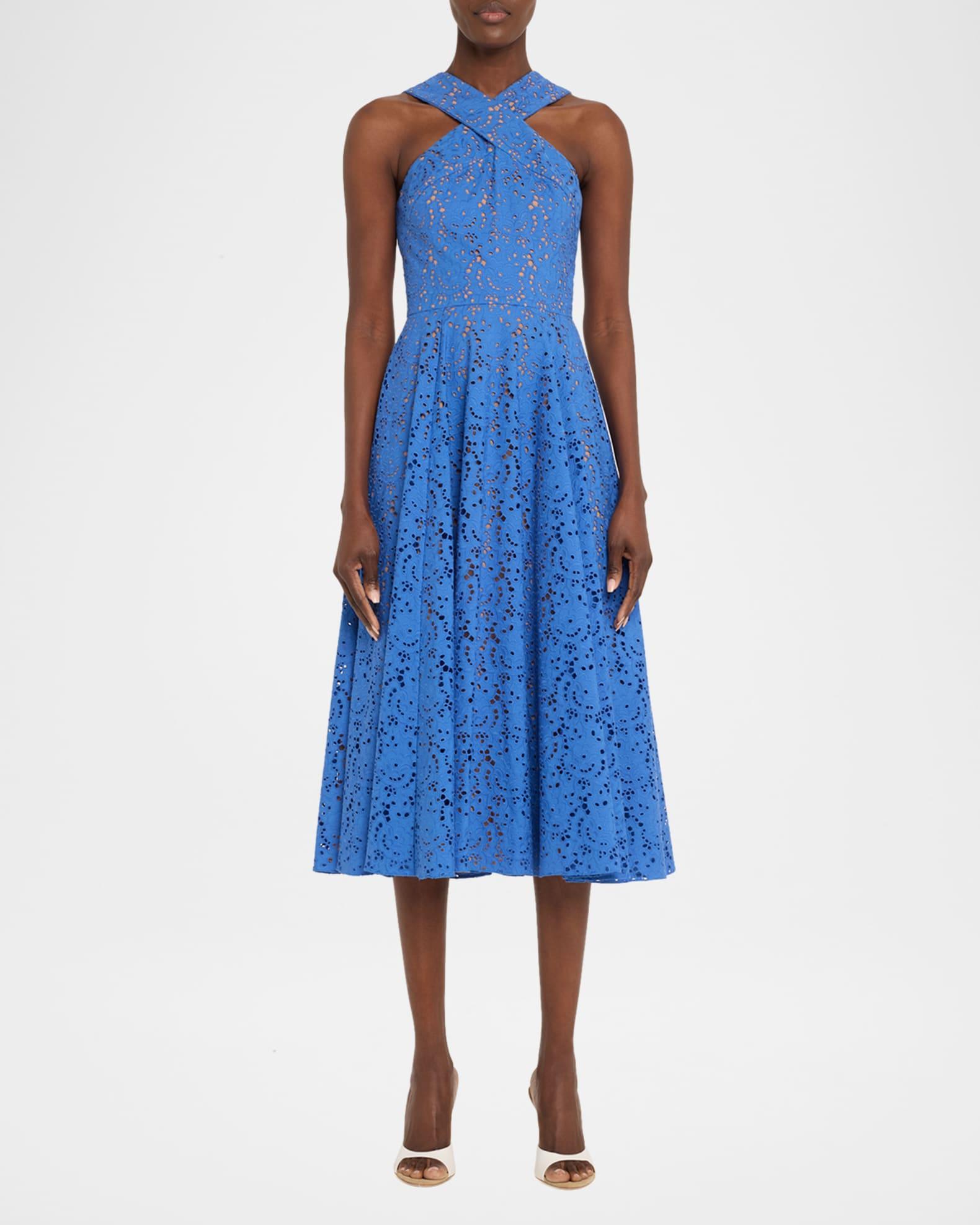 Broderie Anglaise Crossover Halter Midi Dress Product Image