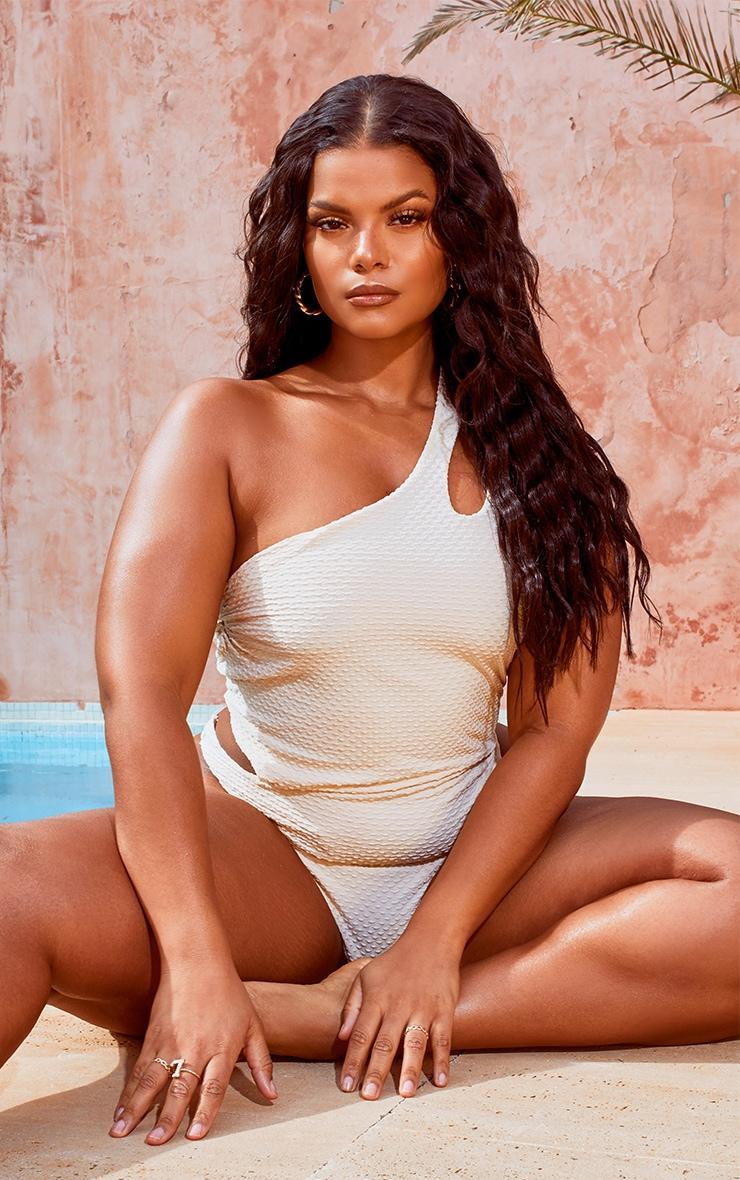 Plus Nude One Shoulder Waffle Cut Out Swimsuit Product Image