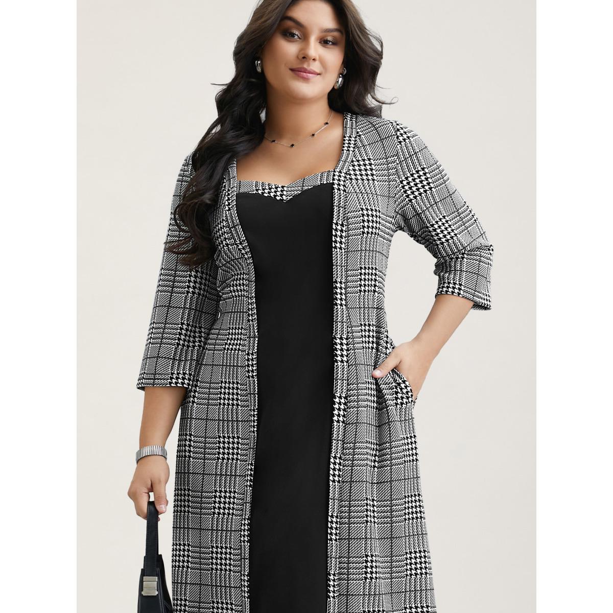 Plus Size Houndstooth Print Waist-Cinched Patchwork Midi Dress BlackFlower Women At the Office Patchwork Knit Dresses Bloomchic 10/M Product Image