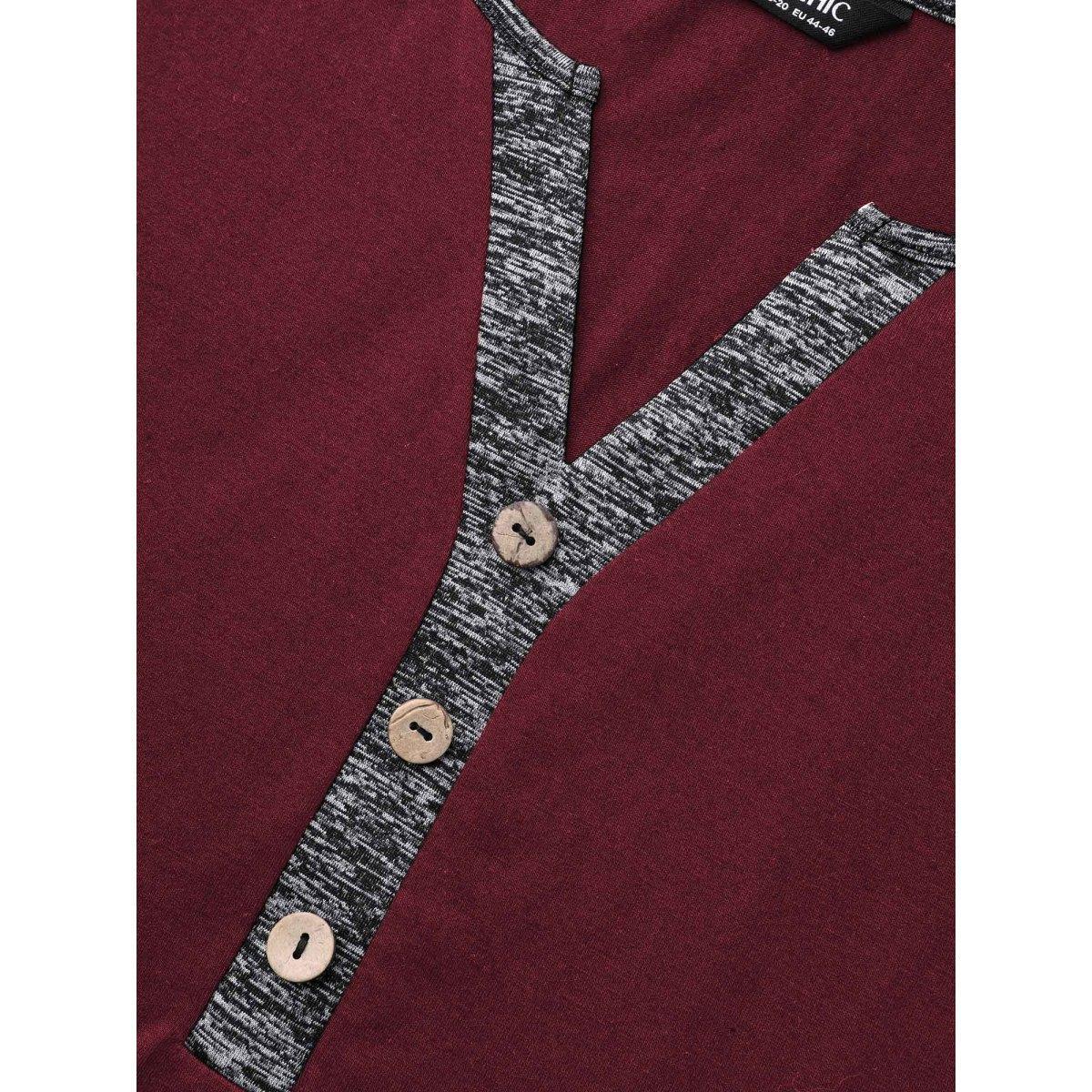 Plus Size Heather Patchwork Button Detail Stretchy T-Shirt Burgundy Women Casual Contrast Flat collar with V-notch Everyday T-shirts BloomChic 28/5X Product Image