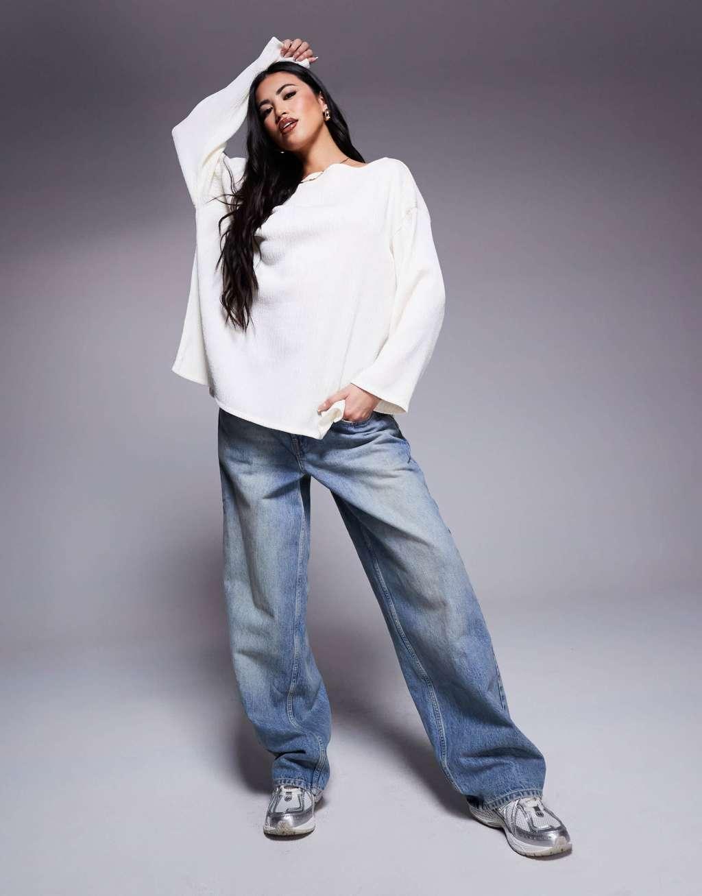 ASOS DESIGN off shoulder long sleeve T-shirt in crinkle white Product Image