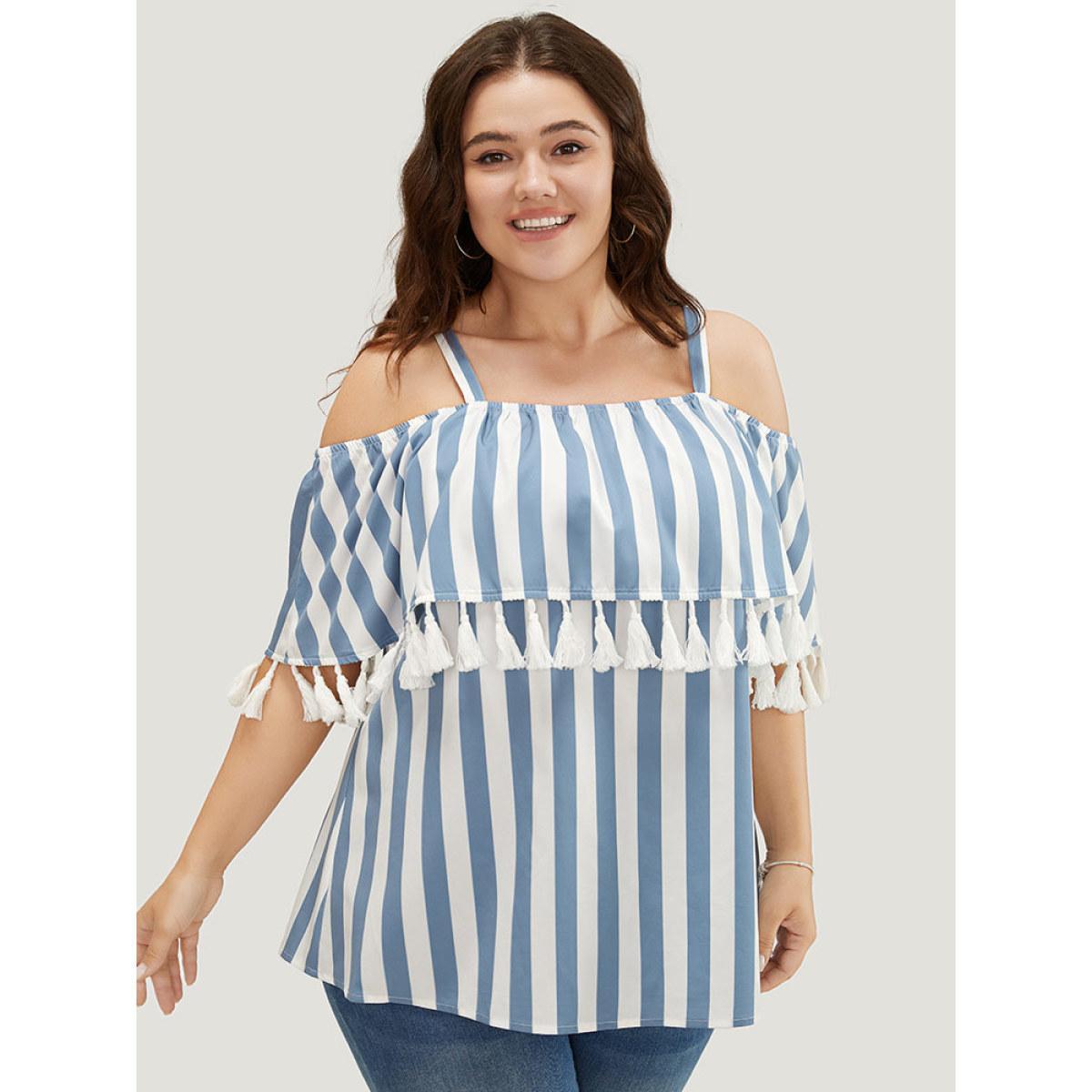 Plus Size LightBlue Striped Print Tassels Trim Cold Shoulder Blouse Women Vacation Sleeveless Cold Shoulder Dailywear Blouses BloomChic 14-16/1X Product Image